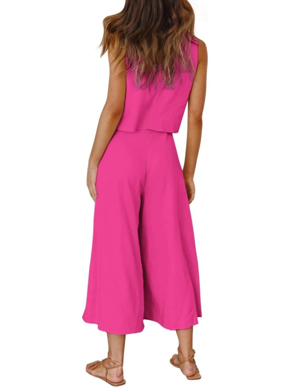 Women's Summer 2 Piece Rose Red Round Neck Crop Top Cropped Wide Leg Jumpsuit - Picture 4 of 6
